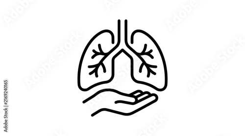 Isolated outline illustration of lungs with hand underneath, medical care concept