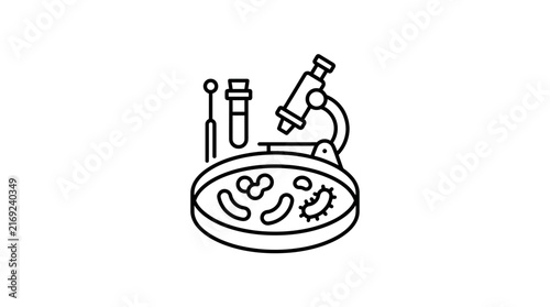 Microbiology lab equipment icon, petri dish with bacteria and microscope