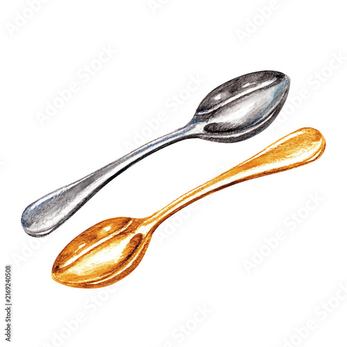 Stainless steel  and gold tea spoon color pencil llustration