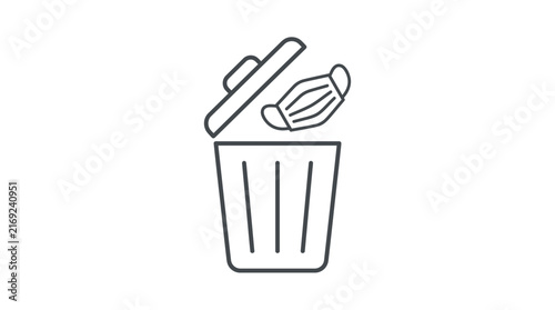 Minimalist line art icon representing a medical face mask discarded inside an open trash bin