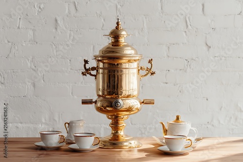 Golden samovar with teacups and teapot against a white brick wall, creating a cozy and inviting atmosphere.