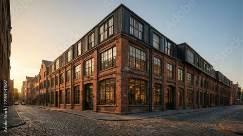 Large grid windows and sleek black steel rooftop addition on historic warehouse turned into high end lofts along cobblestone street