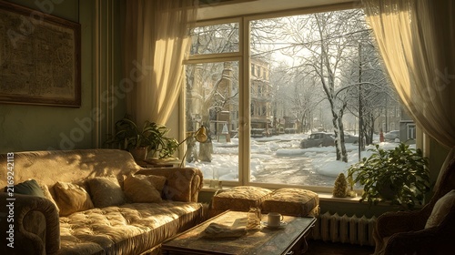 Elegant Cozy Living Room with Golden Sunlight and Snowy Street View