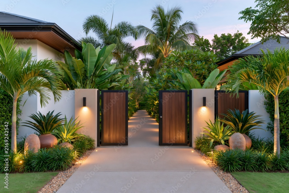 Fototapeta premium Luxury villa entrance showing tropical garden pathway