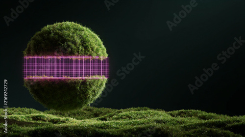 Environmental stability represented by suspended moss sphere horizontally bisected by flat glowing digital grid against dark background