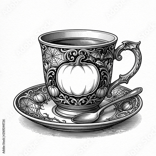 Halloween tea cup decorated with pumpkin, bats and spiderweb in vintage engraving style