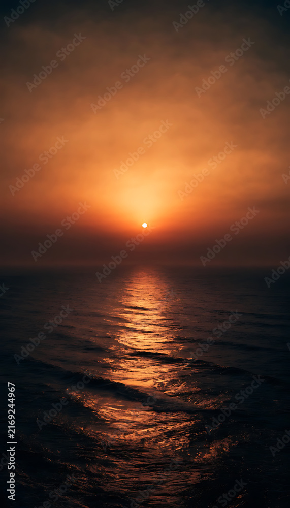 Fototapeta premium Ultra-realistic ocean sunset with the sun glowing on the horizon, dramatic clouds, calm rolling waves, and a brilliant golden-orange reflection stretching across the water