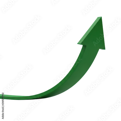 Green upward arrow isolated on white background for business growth and financial success