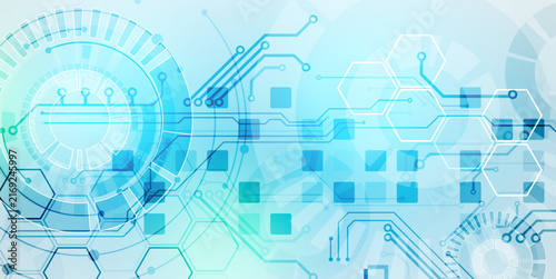 Abstract futuristic technology background with circuit board elements and hexagons. Vector