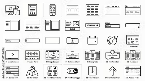 Professional User Interface Design Wireframe Kit with Layout Elements and Digital Interface Icons