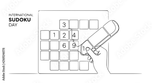 International Sudoku Day - Hand filling grid with pen, isolated on transparent background