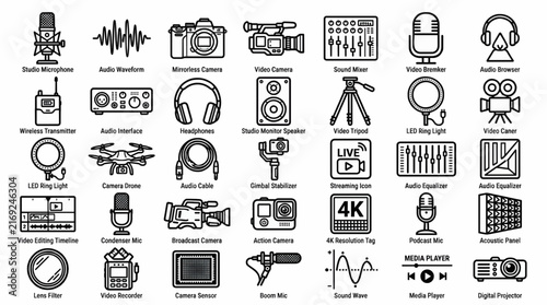 A comprehensive collection of outline icons representing various audio, video, and photography equipment for broadcasting, podcasting, and content creation