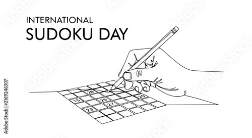 International Sudoku Day: Hand Filling Grid with Pencil, Isolated