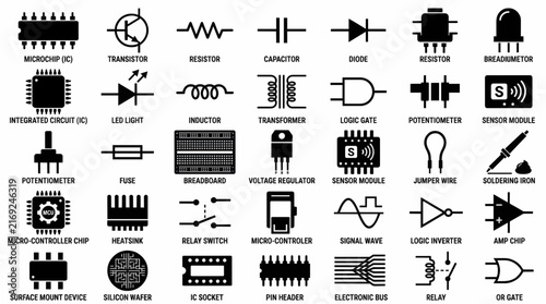 Comprehensive collection of technical symbols representing various electrical hardware and circuit components for professional engineering and design