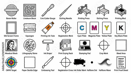 Comprehensive collection of printmaking and typography tools, equipment, and production symbols vector set