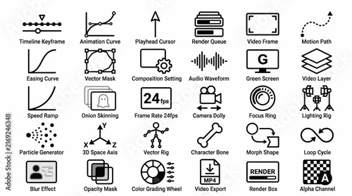 Professional Motion Graphics and Video Editing Icon Set Featuring Animation Tools Timeline Controls and Visual Effects Elements