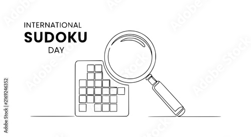 International Sudoku Day concept, magnifying glass over puzzle grid, isolated on white