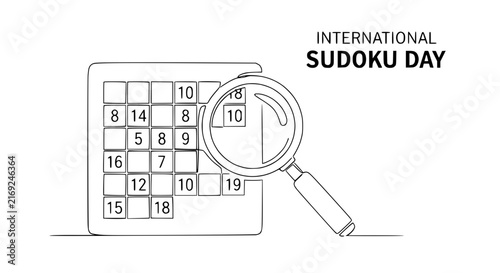 International Sudoku Day calendar grid with magnifying glass, isolated graphic