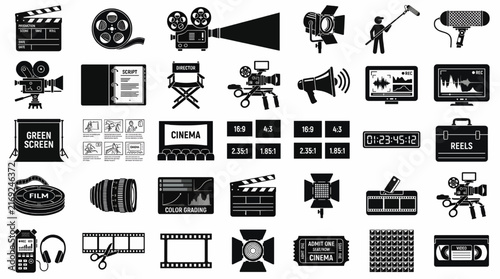 Cinema and Movie Production Icons Set for Filmmaking Video Editing Studio and Cinematography Equipment