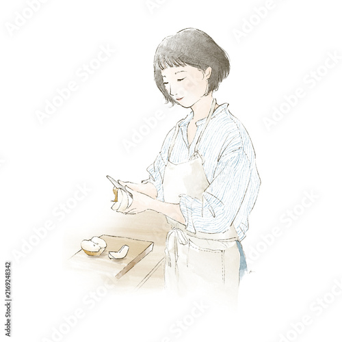 Quadro su tela ペティナイフで梨の皮を剥く女性の水彩風手描きイラスト