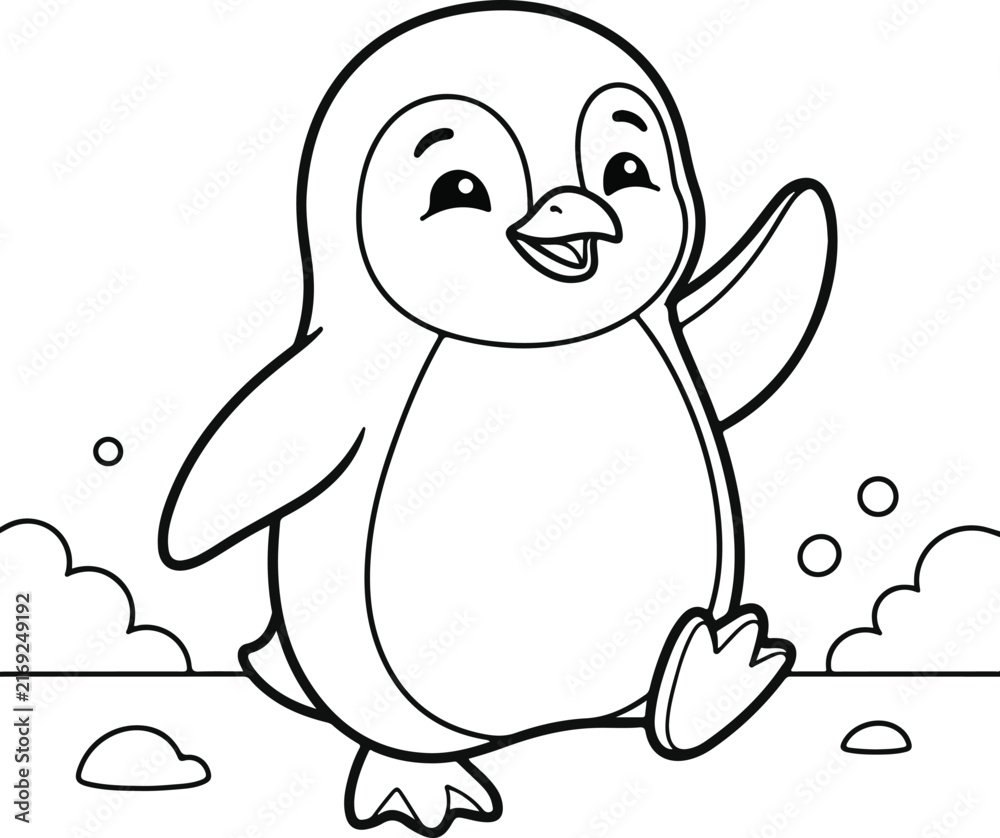 Fototapeta premium Cute happy cartoon penguin waving hello, coloring page for kids