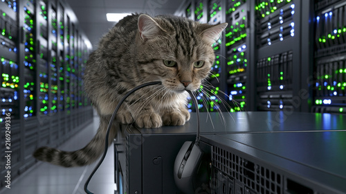 Cute tabby cat is gnawing on a black mouse cable on a server cabinet inside a state of the art data center.