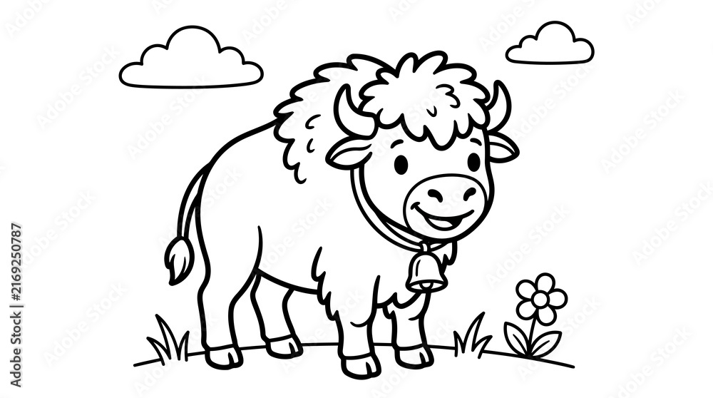 Obraz premium Fluffy cartoon yak with bell and flower grazing in grassy field under clouds.