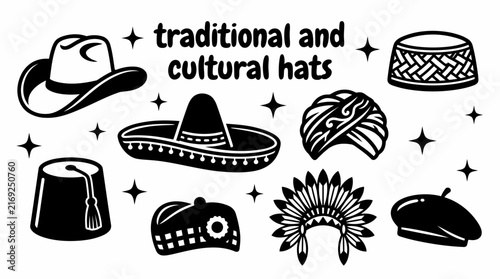 traditional and cultural hats featuring cowboy hats sombreros turbans kufi caps fez hats Scottish caps ceremonial headwear and heritage for world cultures history festivals clothing vector