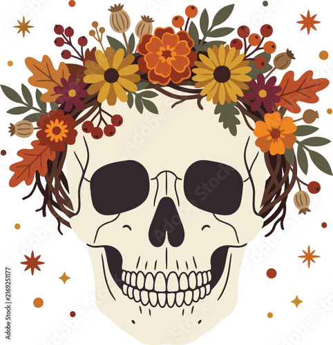 Human skull wearing an autumn floral crown on transparent background