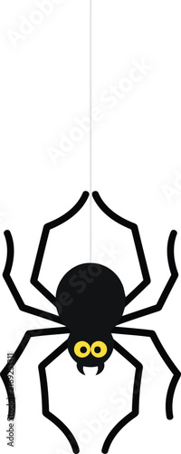 Black spider hanging from a silk thread on transparent background