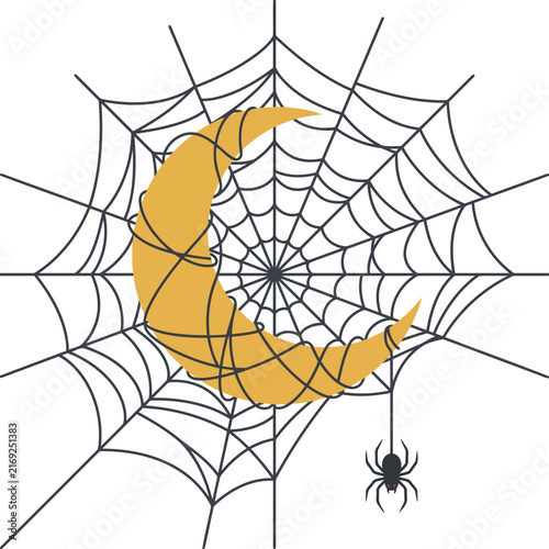 Spider on web with crescent moon with over yellow crescent on transparent background