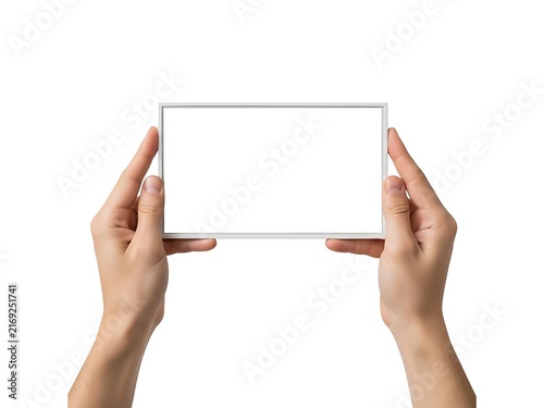 A pair of hands holding a blank rectangular white frame on white background