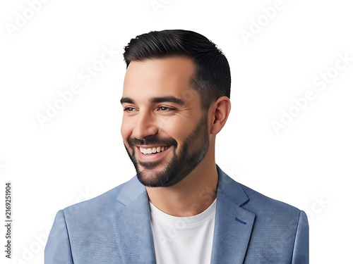 A portrait of a smiling young man wearing a stylish light purple suit jacket