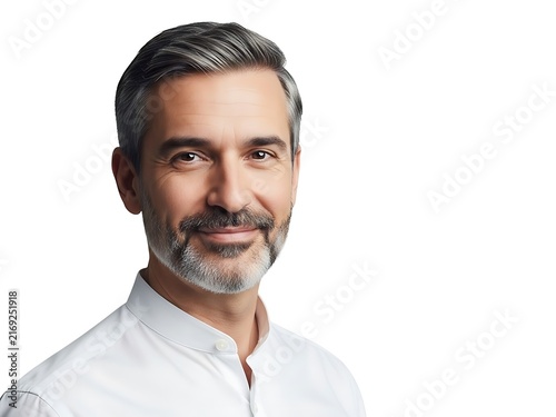 Portrait of a mature man with a beard smiling against a white background