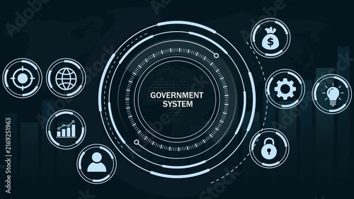 Digital government system interface with animated hud global network connectivity, financial data analytics, cybersecurity and futuristic tech infographics for modern political infrastructure