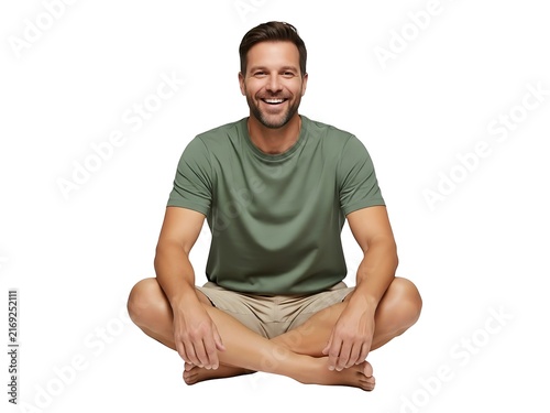 A smiling man sitting cross-legged on the floor in a casual gray outfit