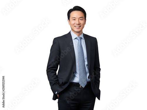 A professional portrait of an asian male executive in a formal suit jacket