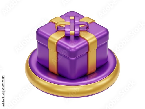 A stylized purple gift box icon resting on a circular golden display base