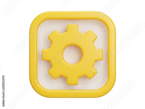 A glossy yellow gear icon centered within a rounded square interface frame