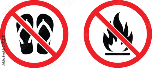 Prohibition symbols for open toe shoes and open flame