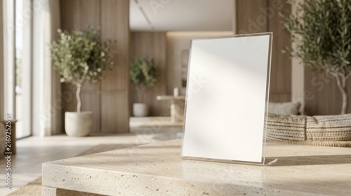 A blank vertical acrylic sign stand sits on a textured travertine stone counter in a bright room.