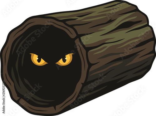 Glowing yellow eyes peering from a hollow log on transparent background