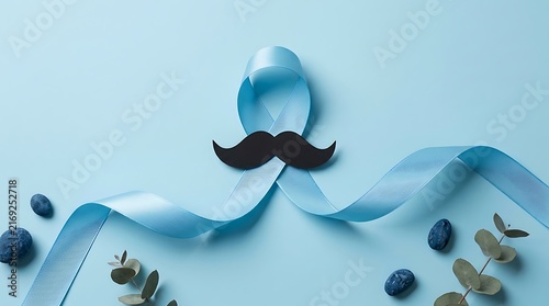 Prostate cancer awareness blue ribbon with black mustache on light blue background prostate