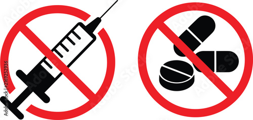 Prohibited syringe and pills icon with red circle no symbol