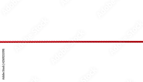 Single straight red cotton rope line stretched horizontally isolated on transparent background for web design.