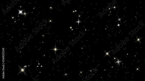 Twinkling stars on black background with sparkling light effects with video field twinkling stars against light rays