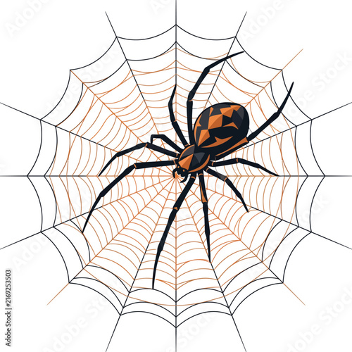 Stylized black and orange spider on a web with crawls across circular on transparent background