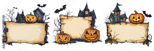Set of A blank rustic wooden signboard with a small flying bat perched above it on transparent background. Ai generated
