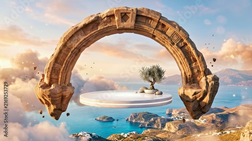 Floating Ancient Stone Archway With Olive Tree on Circular Platform Above Sea Landscape