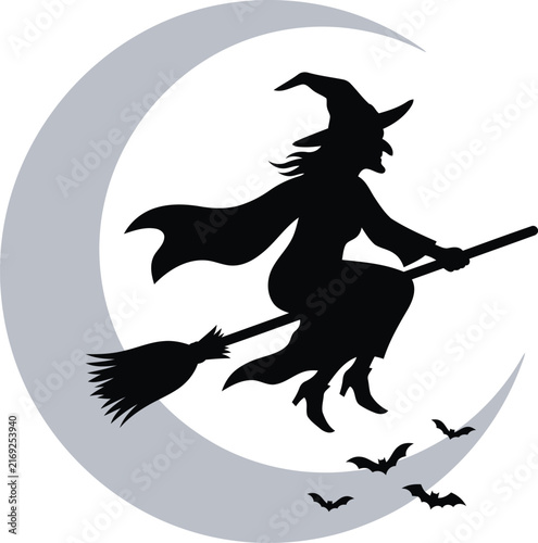 Witch flying on a broomstick in front of a crescent moon with silhouette on transparent background